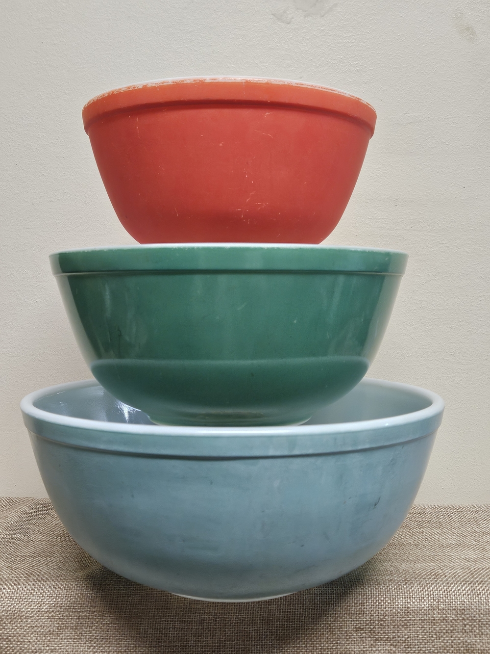Pyrex Turquoise, Green, & Red Mixing Bowls #402, 403, 404